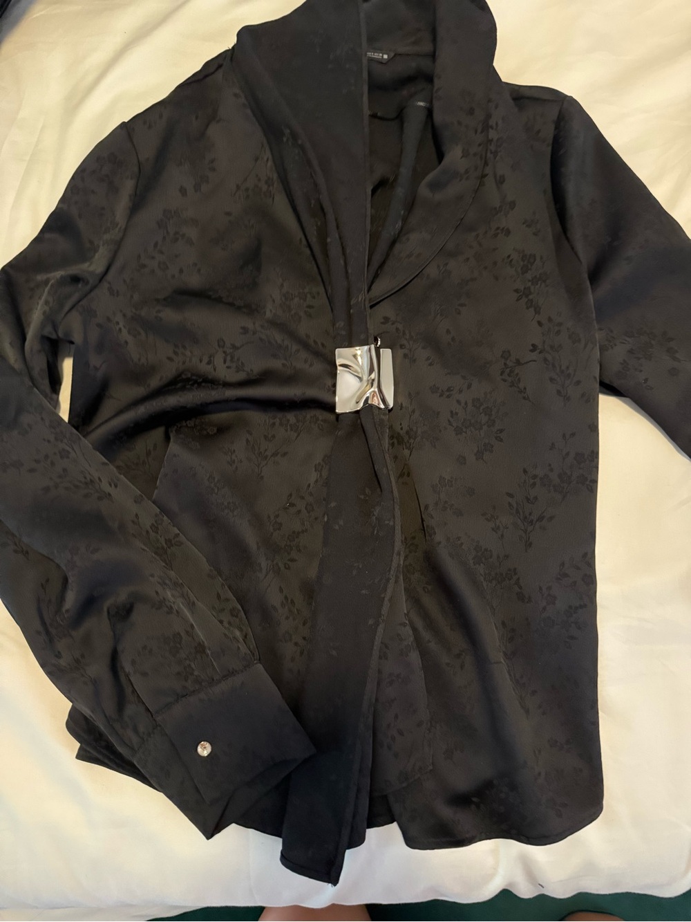 Black Zara Satin Floral Jacquard Blouse with Silver Detail